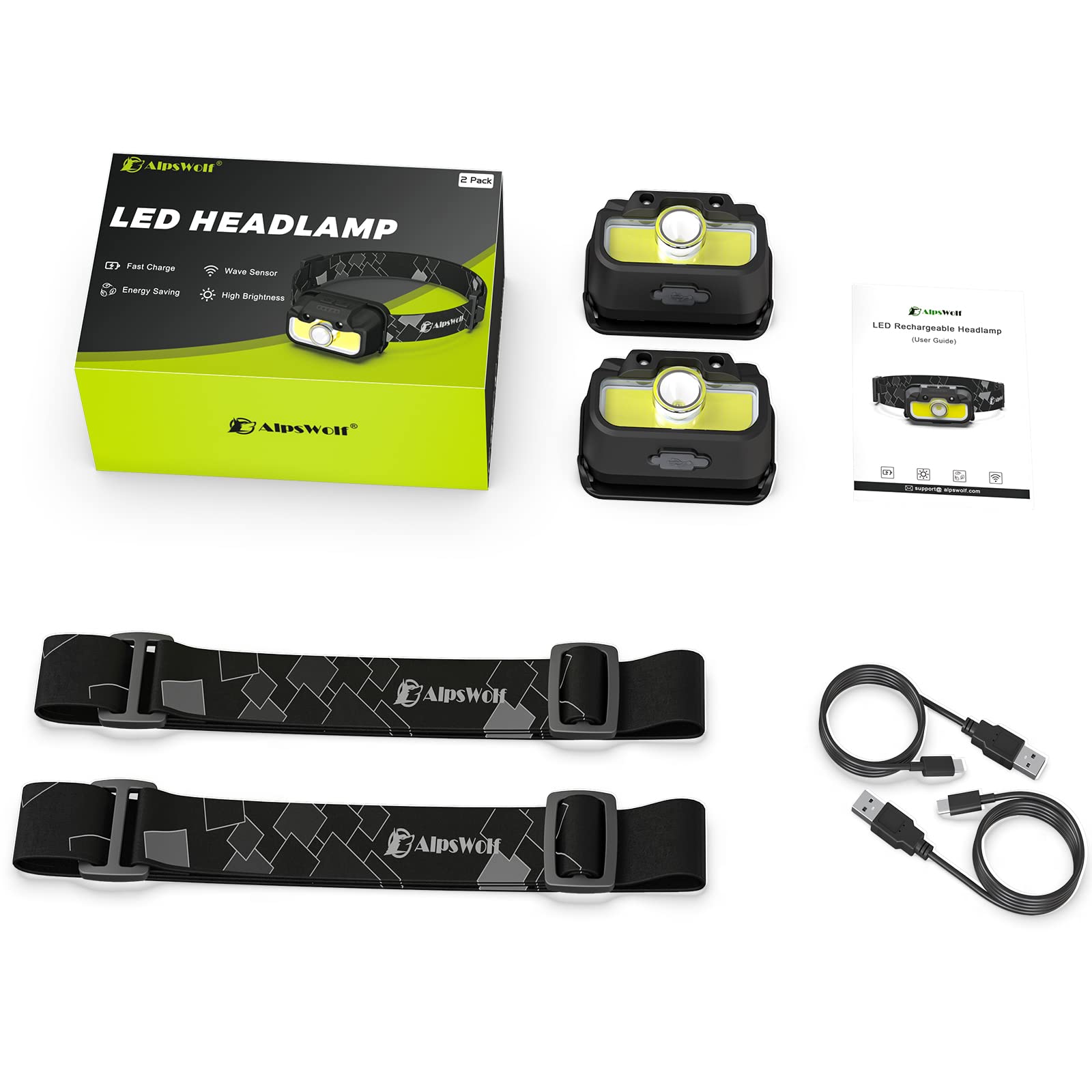 AlpsWolf Headlamp Rechargeable, 2 Pack Adjustable Head Lamp, 7 Lighting Modes Headlight for Adults and Kids, LED Headlamp with Motion Sensor, Headlamp Flashlights for Outdoor Camping, Hiking, Cycling