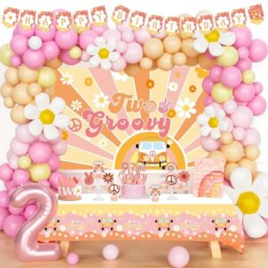 122 pcs two groovy party decorations, fiesec two groovy boho daisy hippie second birthday party backdrop balloon garland banner tablecloth cake cupcake topper crown poster