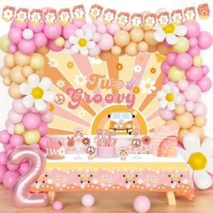 122 PCs Two Groovy Party Decorations, Fiesec Two Groovy Boho Daisy Hippie Second Birthday Party Backdrop Balloon Garland Banner Tablecloth Cake Cupcake Topper Crown Poster