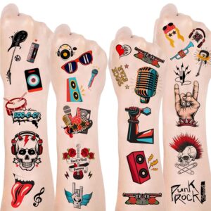 20 sheets rock and roll temporary tattoos party favors for rock star, born to rock, 50s/80s rock theme party decorations supplies gifts