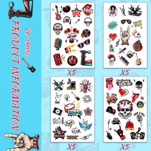 20 Sheets Rock and Roll Temporary Tattoos Party Favors for Rock Star, Born to Rock, 50s/80s Rock Theme Party Decorations Supplies Gifts