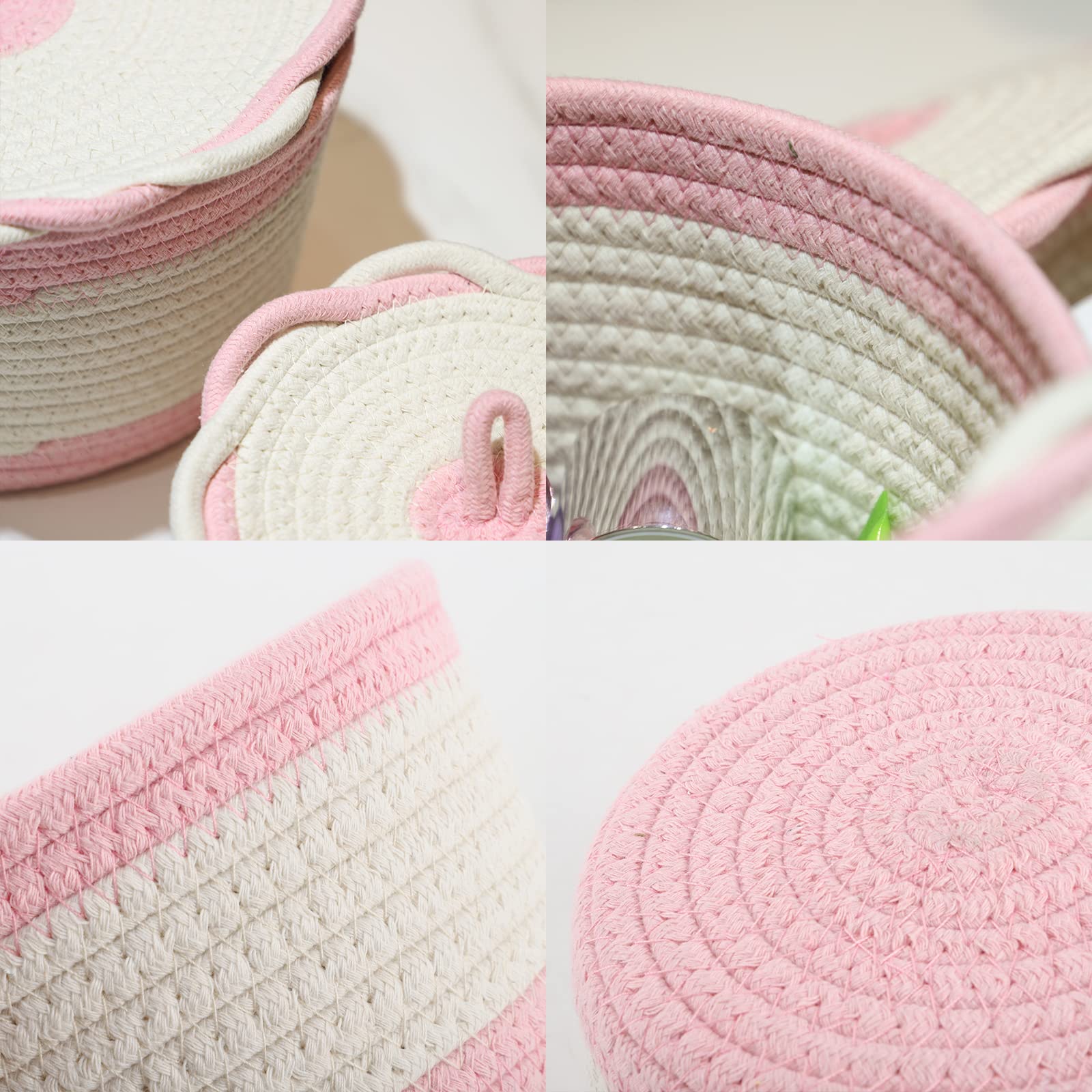 Round Baskets with Lids,Decorative Baskets Set of 2,Cotton Rope Lidded Organizing Basket for Shelves and Coffee Tables (Pink)