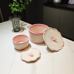 Round Baskets with Lids,Decorative Baskets Set of 2,Cotton Rope Lidded Organizing Basket for Shelves and Coffee Tables (Pink)