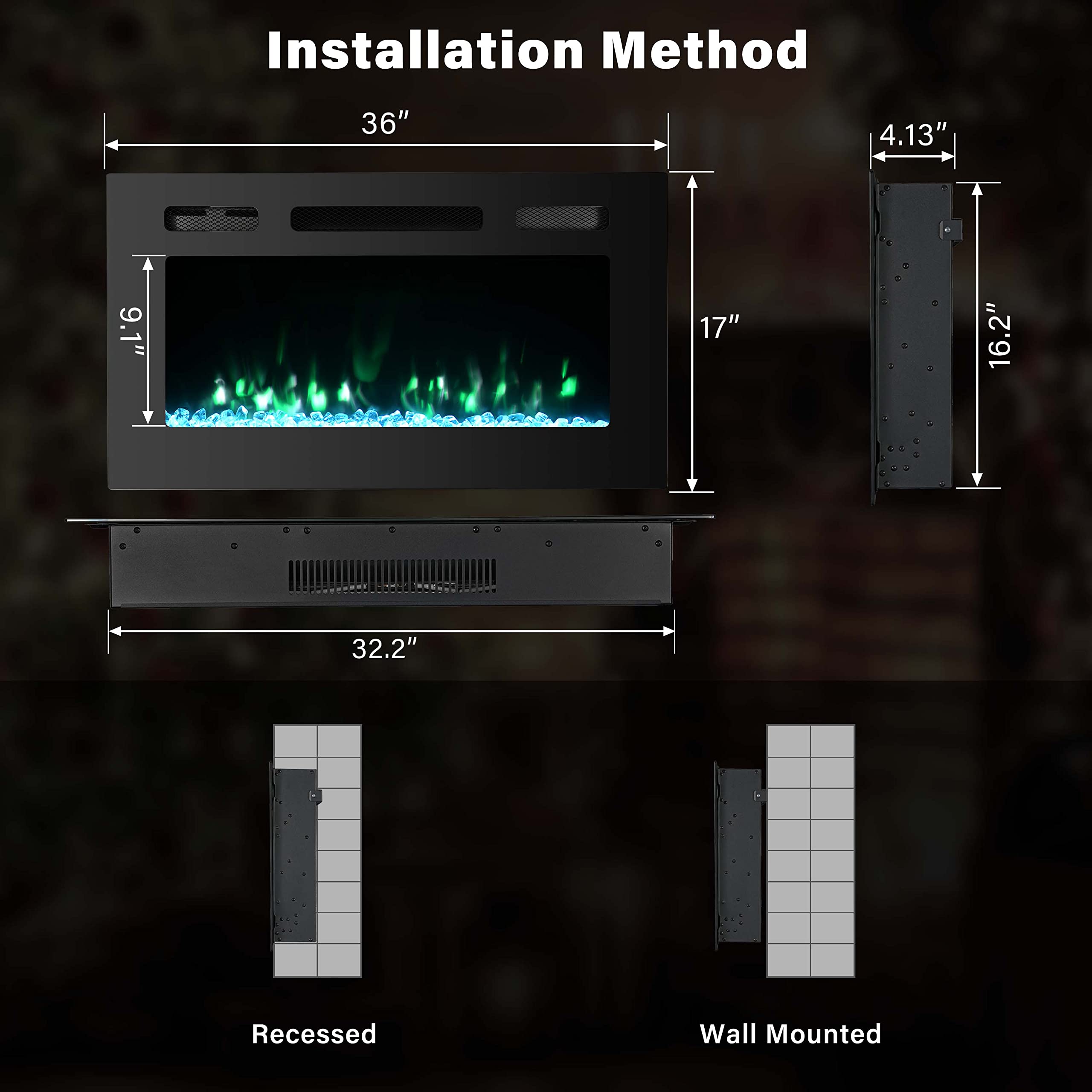 36 inch Electric Fireplace Wall Mounted, Led Fireplace, Wall Fireplace Electric with Remote Control, Electric Fireplace Inserts, Adjustable Flame Colors and Speed