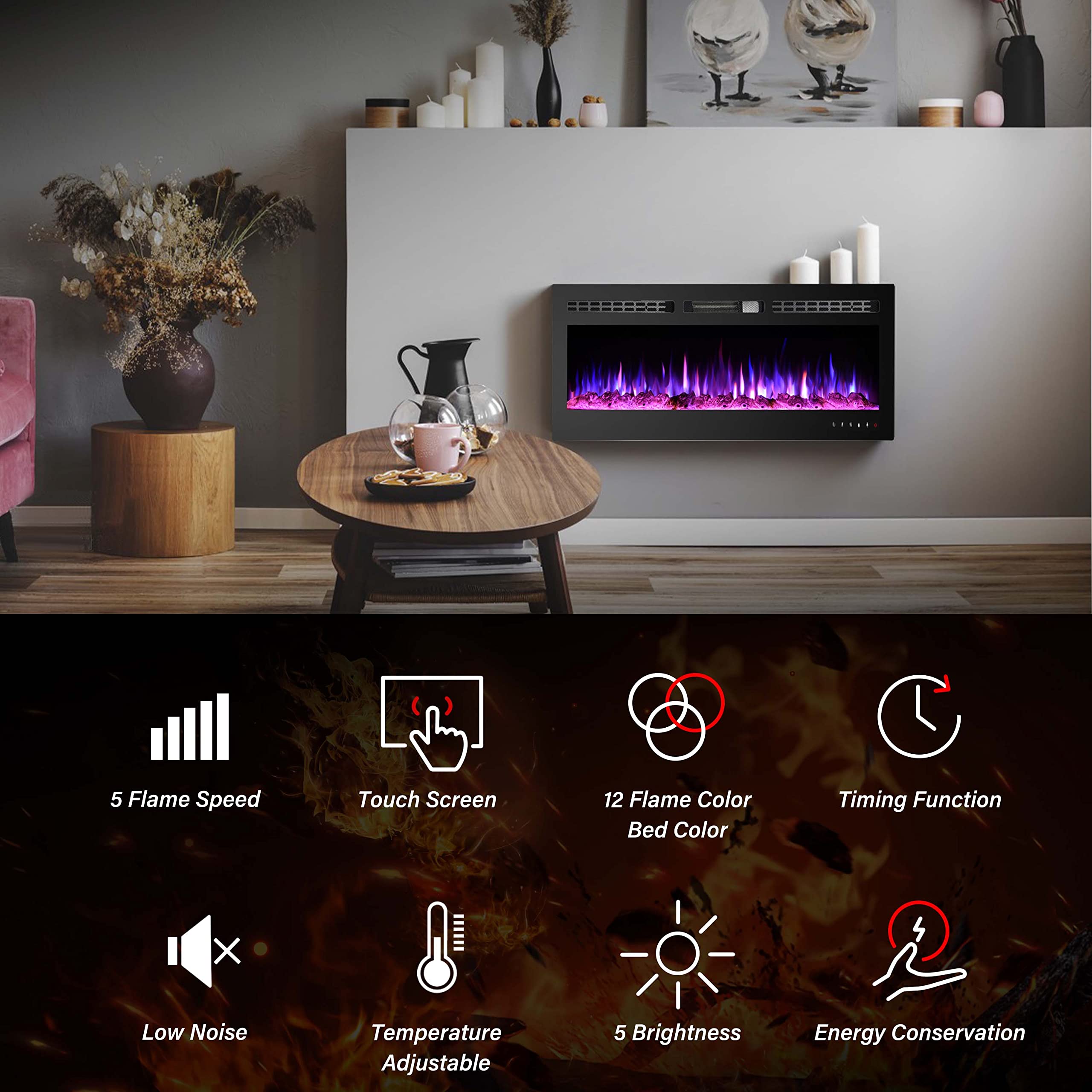 36 inch Electric Fireplace Wall Mounted, Led Fireplace, Wall Fireplace Electric with Remote Control, Electric Fireplace Inserts, Adjustable Flame Colors and Speed