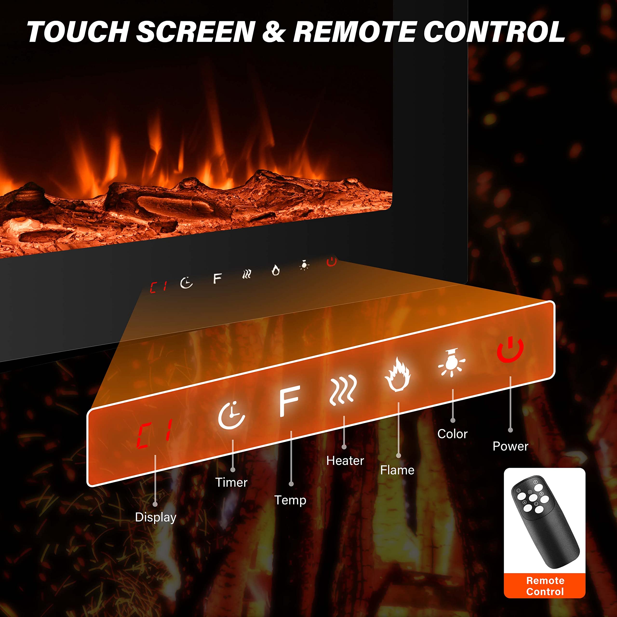 36 inch Electric Fireplace Wall Mounted, Led Fireplace, Wall Fireplace Electric with Remote Control, Electric Fireplace Inserts, Adjustable Flame Colors and Speed