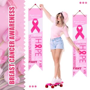 12 Pieces Pink Ribbon Hanging Banner Breast Cancer Awareness Banner Decorations Hope Faith Strength Courage Banner Porch Sign Background for Party Breast Cancer Awareness Event