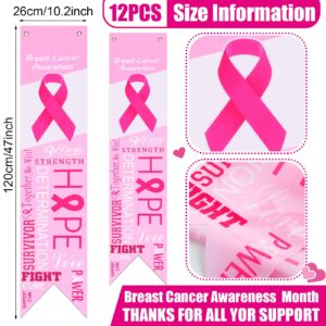 12 Pieces Pink Ribbon Hanging Banner Breast Cancer Awareness Banner Decorations Hope Faith Strength Courage Banner Porch Sign Background for Party Breast Cancer Awareness Event