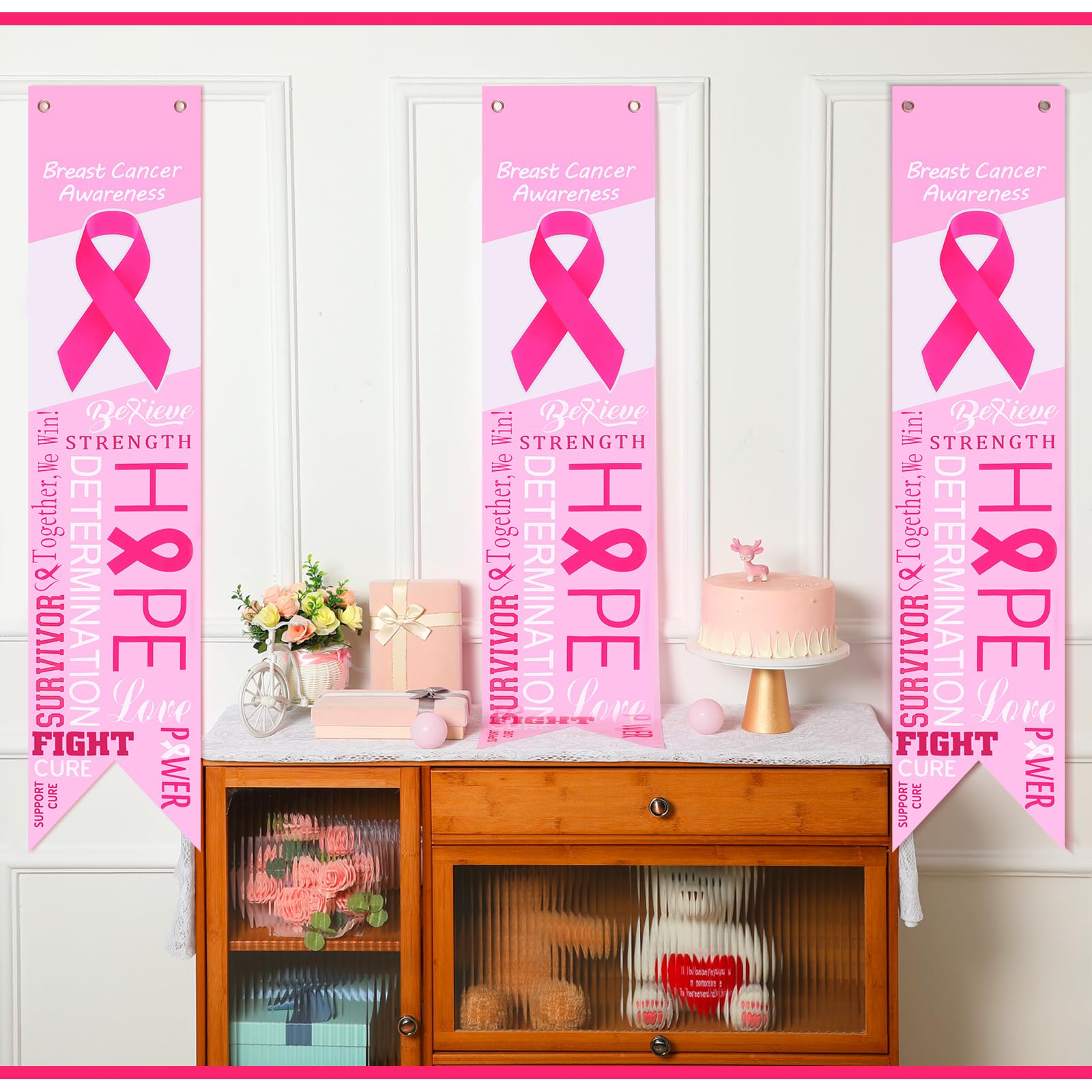 12 Pieces Pink Ribbon Hanging Banner Breast Cancer Awareness Banner Decorations Hope Faith Strength Courage Banner Porch Sign Background for Party Breast Cancer Awareness Event