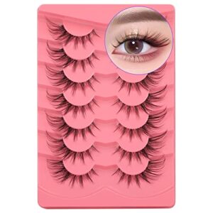 Newcally Lashes Manga Lashes Fox Eye False Eyelashes Clear Band Cat Eye Lashes Mink Lashes Fluffy Strip Lashes Wispy Anime Lashes Pack Spiky Cosplay Fake Eyelashes 7 Pairs