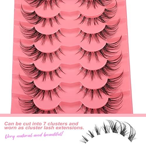 Newcally Lashes Manga Lashes Fox Eye False Eyelashes Clear Band Cat Eye Lashes Mink Lashes Fluffy Strip Lashes Wispy Anime Lashes Pack Spiky Cosplay Fake Eyelashes 7 Pairs