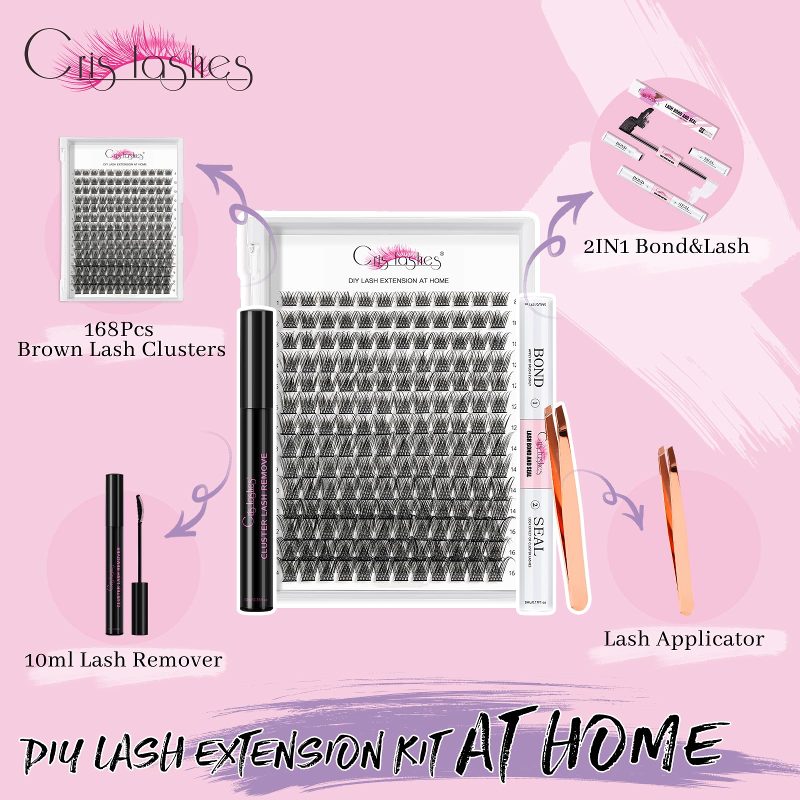 Crislashes DIY Extension Kit - 168 PCS 8-16mm Mixed Lashes, Lash Bond and Seal, Applicator, Reusable Cluster Lashes Home Use (KIT 03)