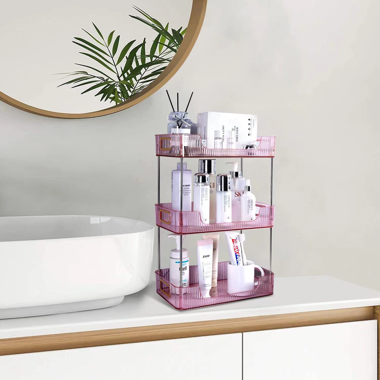 KSDSOAM 3 Tiers Bathroom Countertop Organizer, Cosmetics Skincare Organizer Holder for Perfume, Bathroom Organizers and Storage for Dresser Vanity Tray Sink (Pink)