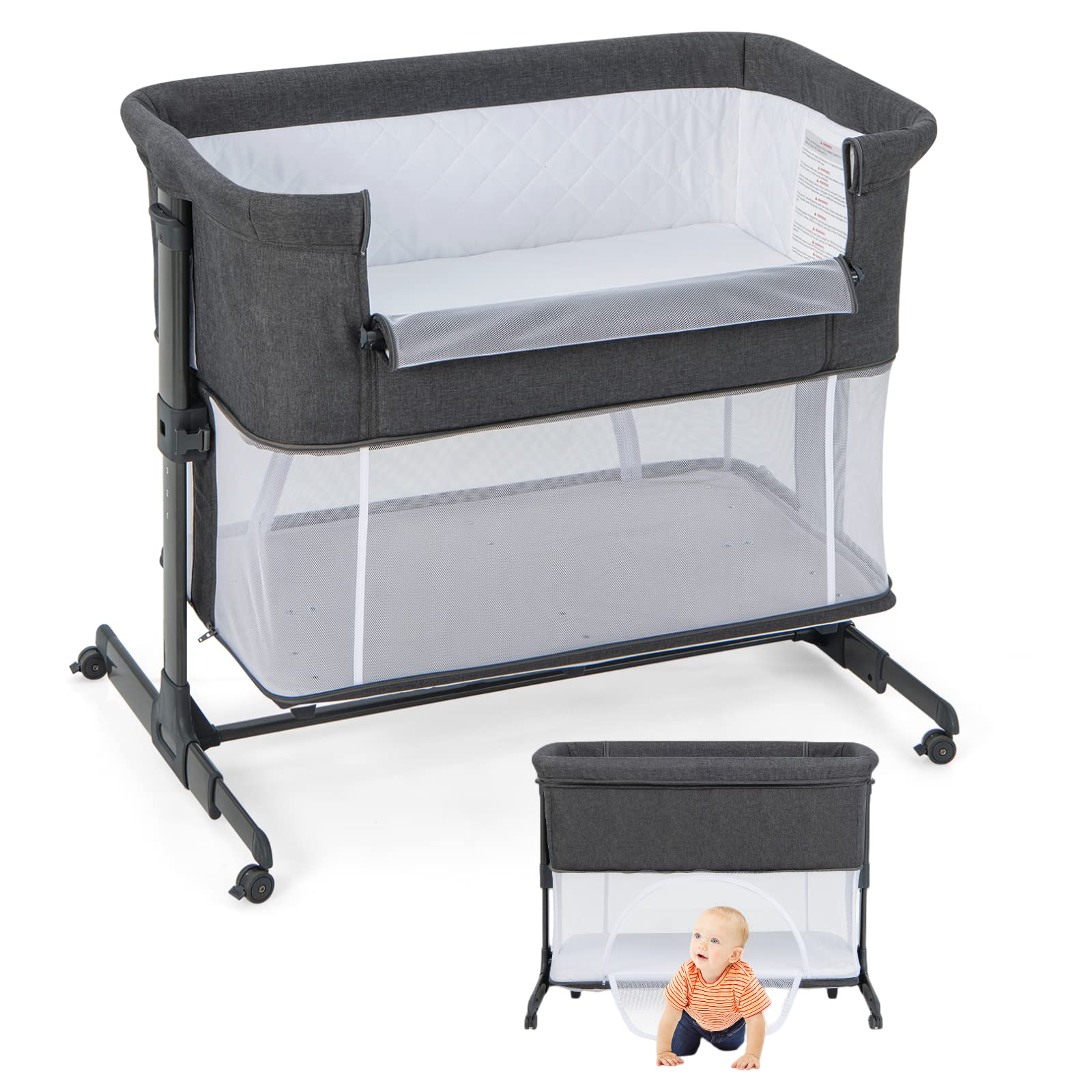 HONEY JOY 4 in 1 Baby Bassinet Bedside Sleeper, Playpen & Baby Crib w/Mattress, 5 Adjustable Heights, Easy to Assemble Bed to Bed, Portable Baby Bassinet for Infant to Toddler, Deep Gray