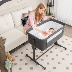 HONEY JOY 4 in 1 Baby Bassinet Bedside Sleeper, Playpen & Baby Crib w/Mattress, 5 Adjustable Heights, Easy to Assemble Bed to Bed, Portable Baby Bassinet for Infant to Toddler, Deep Gray