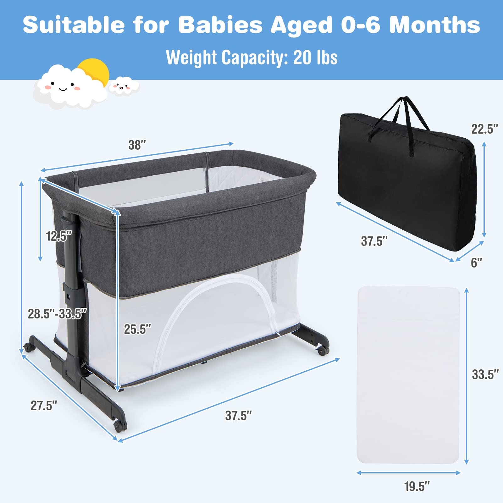 HONEY JOY 4 in 1 Baby Bassinet Bedside Sleeper, Playpen & Baby Crib w/Mattress, 5 Adjustable Heights, Easy to Assemble Bed to Bed, Portable Baby Bassinet for Infant to Toddler, Deep Gray