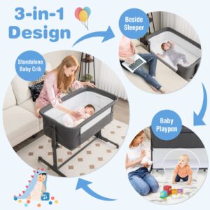 HONEY JOY 4 in 1 Baby Bassinet Bedside Sleeper, Playpen & Baby Crib w/Mattress, 5 Adjustable Heights, Easy to Assemble Bed to Bed, Portable Baby Bassinet for Infant to Toddler, Deep Gray