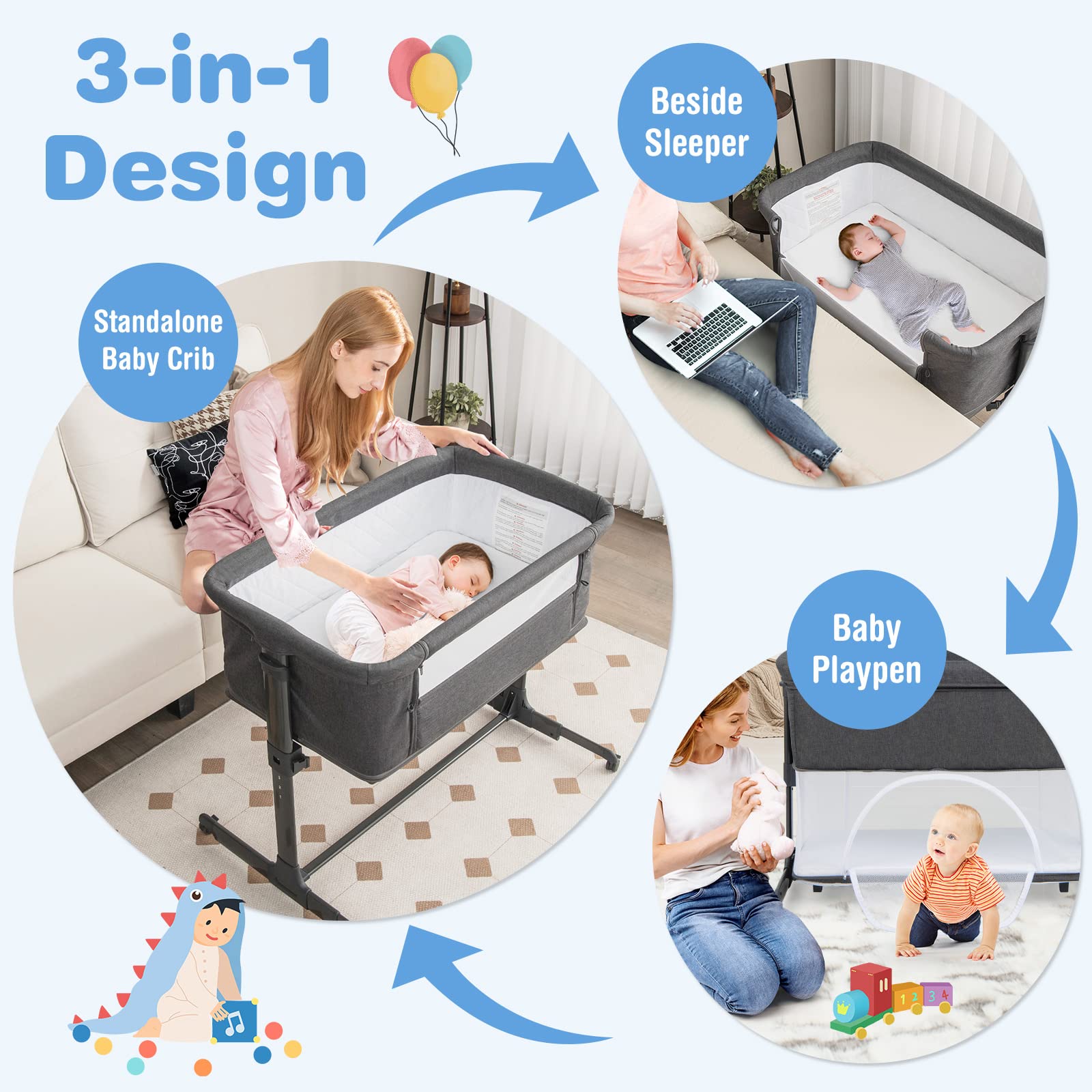 HONEY JOY 4 in 1 Baby Bassinet Bedside Sleeper, Playpen & Baby Crib w/Mattress, 5 Adjustable Heights, Easy to Assemble Bed to Bed, Portable Baby Bassinet for Infant to Toddler, Deep Gray