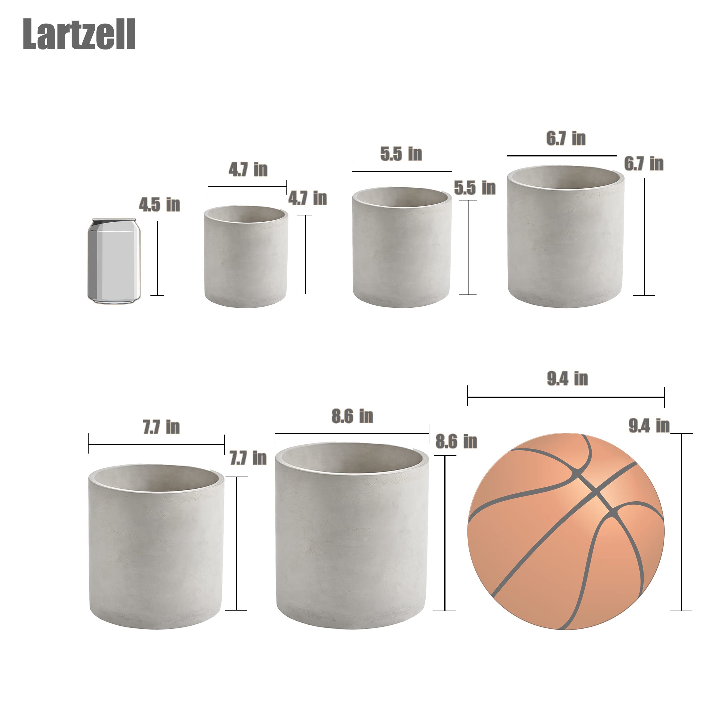 Lartzell Plant Pots, 8.6 Inch Planters for Indoor Plants, Grey Cement Flower Pot with Drain Hole, Modern Concrete Planters for Home Office & Outdoor Decor