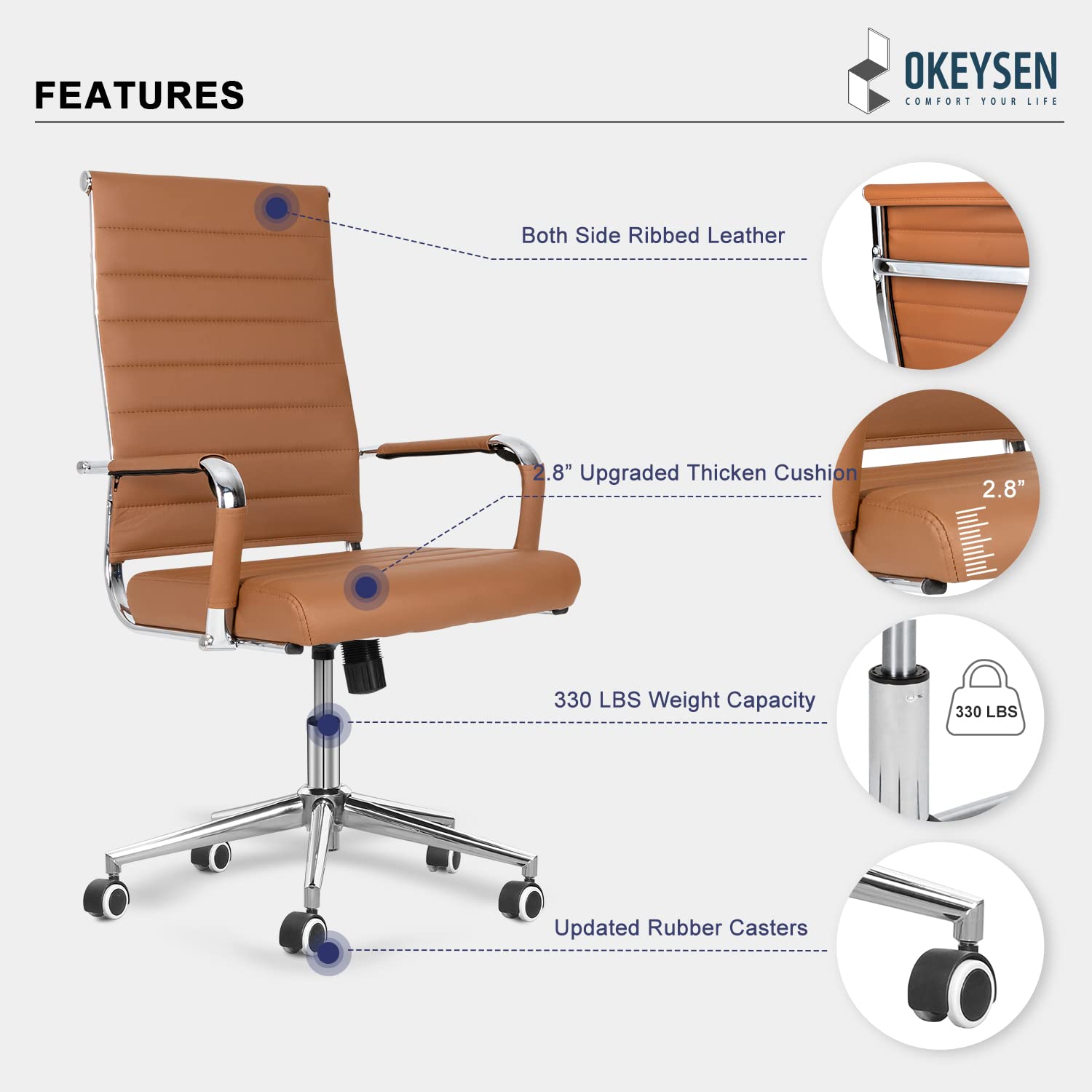 Okeysen Ergonomic Office Desk Chair, Modern PU Leather Conference Room Chairs Ribbed, High Back Executive Swivel Rolling Chair for Home, Office