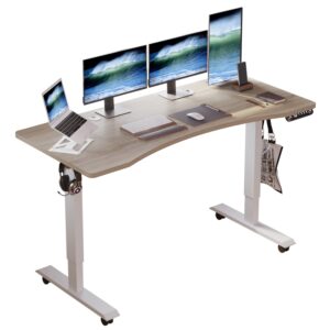 bunoem height adjustable electric standing desk, 55x30 height stand up computer desk,sit and stand home office desk with splice board (oak top & white frame)
