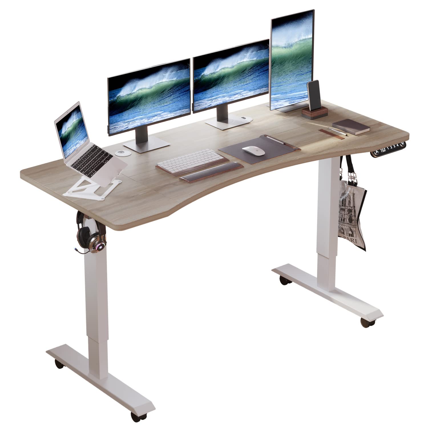 BUNOEM Height Adjustable Electric Standing Desk, 55x30 Height Stand Up Computer Desk,Sit and Stand Home Office Desk with Splice Board (Oak Top & White Frame)