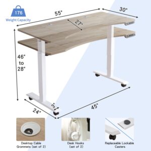 BUNOEM Height Adjustable Electric Standing Desk, 55x30 Height Stand Up Computer Desk,Sit and Stand Home Office Desk with Splice Board (Oak Top & White Frame)