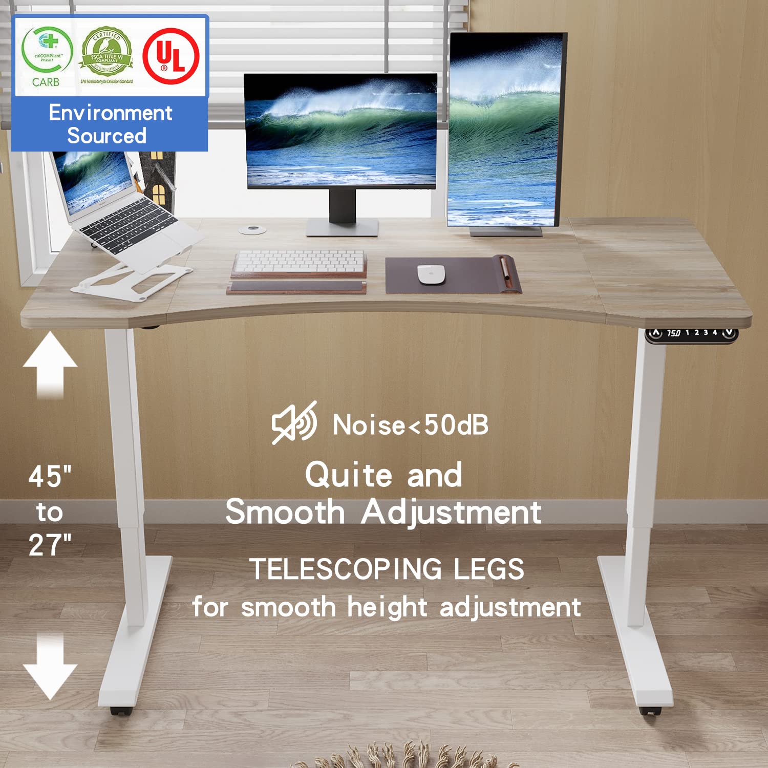 BUNOEM Height Adjustable Electric Standing Desk, 55x30 Height Stand Up Computer Desk,Sit and Stand Home Office Desk with Splice Board (Oak Top & White Frame)