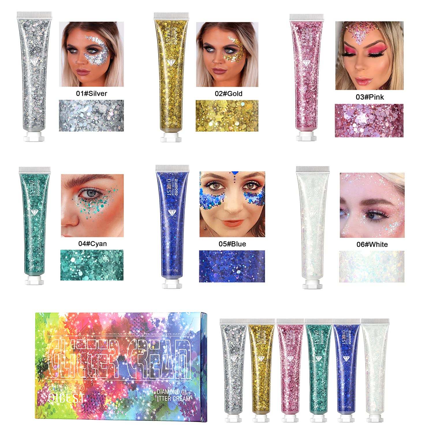 6 Colors Face Body Glitter Gel Set, Shimmer Chunky Glitters Cream for Eyes Hair Nails Makeup, Long Lasting Sparkling Mermaid Holographic Sequins Paste for Festival Art Party Halloween Makeup Gift Kit