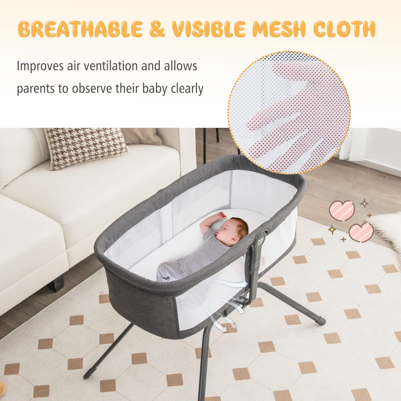 BABY JOY Rocking Bassinet, Portable Baby Crib & Cradle w/Adjustable Tilt Angle, Breathable Mesh, Comfy Mattress and Travel Bag, Baby Bassinets Bedside Sleeper for Newborn Infant (Dark Gray)