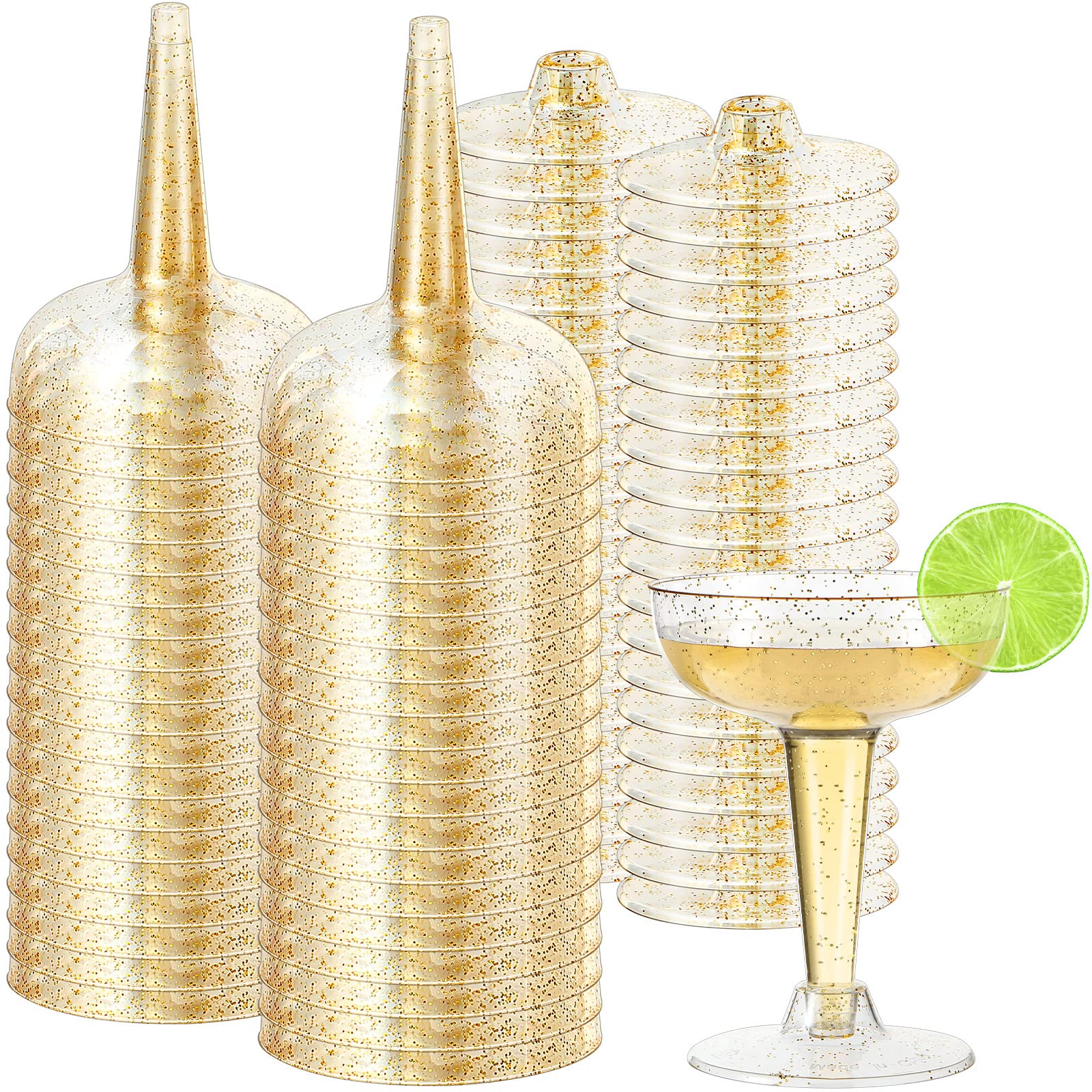 Censen 50 Pcs 4 oz Plastic Martini Glasses Cocktail Glasses Champagne Coupe Transparent Margarita Cups Gold Disposable Party Stemware for Wine Dessert Birthday Wedding(Glitter)