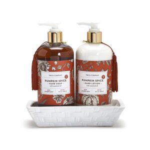 two's autumn air pumpkin spice scented hand soap & lotion set in ceramic tray