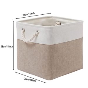 MidmmVick 11 x 11 Inch Cube Storage Bins, 6 Pack Large Collapsible Fabric Storage Bin with Ropes, Foldable Storage Cubes for Home, Office,Closet, Clothes, Toys Organizer (White & Beige-11"x11"x11")