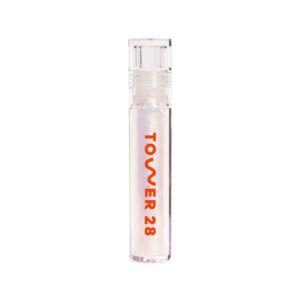 tower 28 shineon lip jelly, magic, non-sticky lip gloss, clear with gold shimmer vegan lip gloss, moisturizing apricot and raspberry seed oil, cruelty free