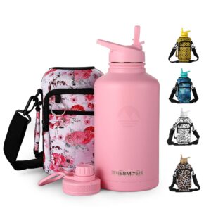 themosis 2 lids 64 oz water bottle with straw | stainless steel insulated half gallon water bottle | include sports water bottle holder with strap (1/2 gallon water jug) - pink