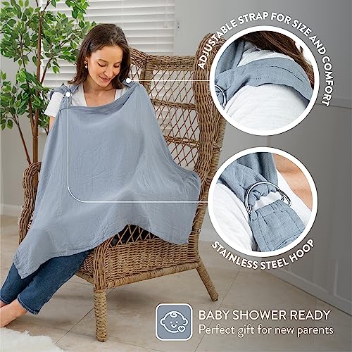 Muslin Nursing Cover for Baby Breastfeeding, Soft & Breathable Cotton Breastfeeding Cover for Mom with Rigid Hoop for Mother Nursing Apron by Comfy Cubs (Pacific Blue)