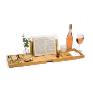 luxe lily bathtub caddy tray | holds book open with removable water shield | bath tub tray table | extendable bathtub trays for tub | bath tray for bathtub with wine holder | tub tray for bathtub
