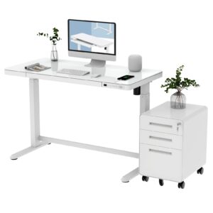 flexispot eg8 glass electric standing desk with white cabinet 48" adjustable stand up desk quick install home office table with storage drawer charging usb port (tempered glass + white frame)