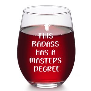 dazlute graduation gifts, this badass has a masters degree stemless wine glass for her women sister friends graduates school students graduation party, masters degree graduation gifts for her, 17oz