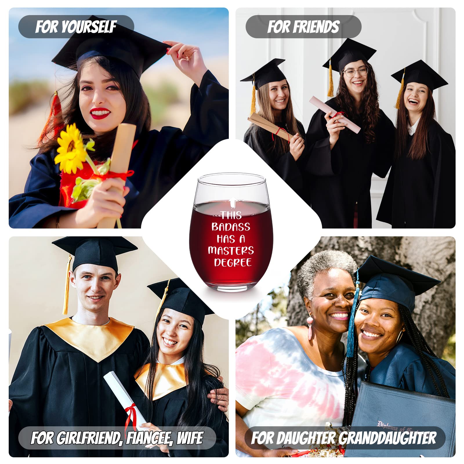 DAZLUTE Graduation Gifts, This Badass Has a Masters Degree Stemless Wine Glass for Her Women Sister Friends Graduates School Students Graduation Party, Masters Degree Graduation Gifts for Her, 17Oz