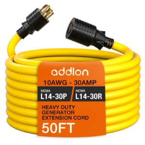 addlon 50ft 4-prong 30 amp generator cord with organizer bag, 10 gauge sjtw locking generator extension cord for manual transfer switch, nema l14-30p/l14-30r, 125/250v 7500 watts, yellow, etl listed