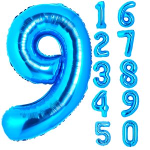 40 inch giant blue number 9 balloon, helium mylar foil number balloons for birthday party, 9th birthday decorations for kids, anniversary party decorations supplies (blue number 9)