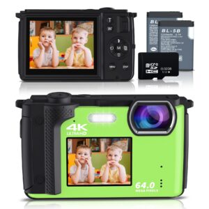 saneen digital camera, 4k 64mp cameras for photography, 16x zoom vlogging camera for youtube with wifi, selfie dual screens small compact camera with 32gb sd card,2 batteries for beginners - green