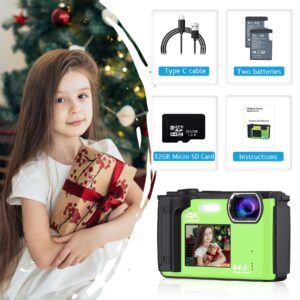 Saneen Digital Camera, 4K 64MP Cameras for Photography, 16X Zoom Vlogging Camera for YouTube with WiFi, Selfie Dual Screens Small Compact Camera with 32GB SD Card,2 Batteries for Beginners - Green