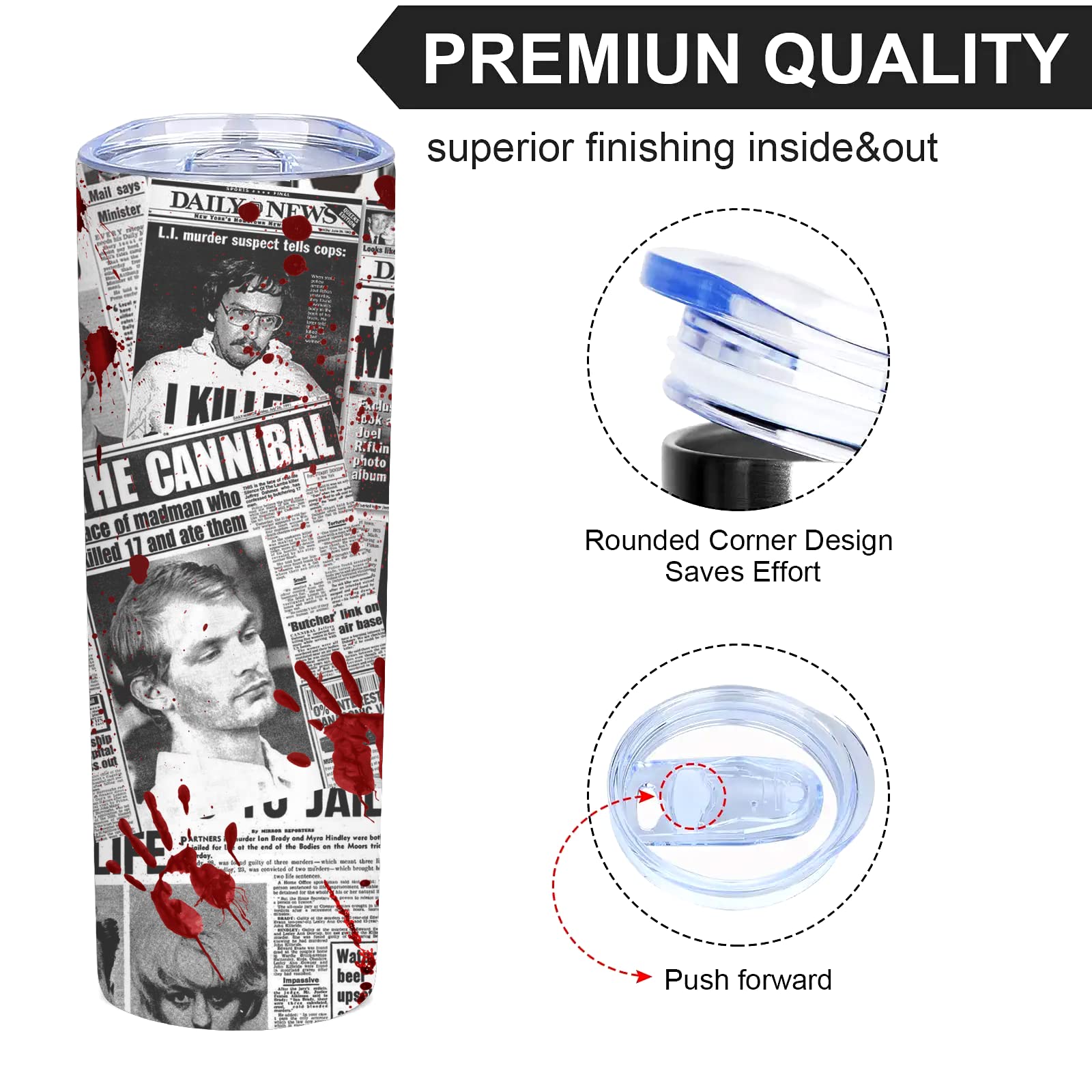 ATHAND Horror Cups Serial Horror Party Coffee Mug Serial Killer Halloween Gifts Newspaper Stories 20oz Skinny Tumbler With Lid Stainless Steel Travel Cup