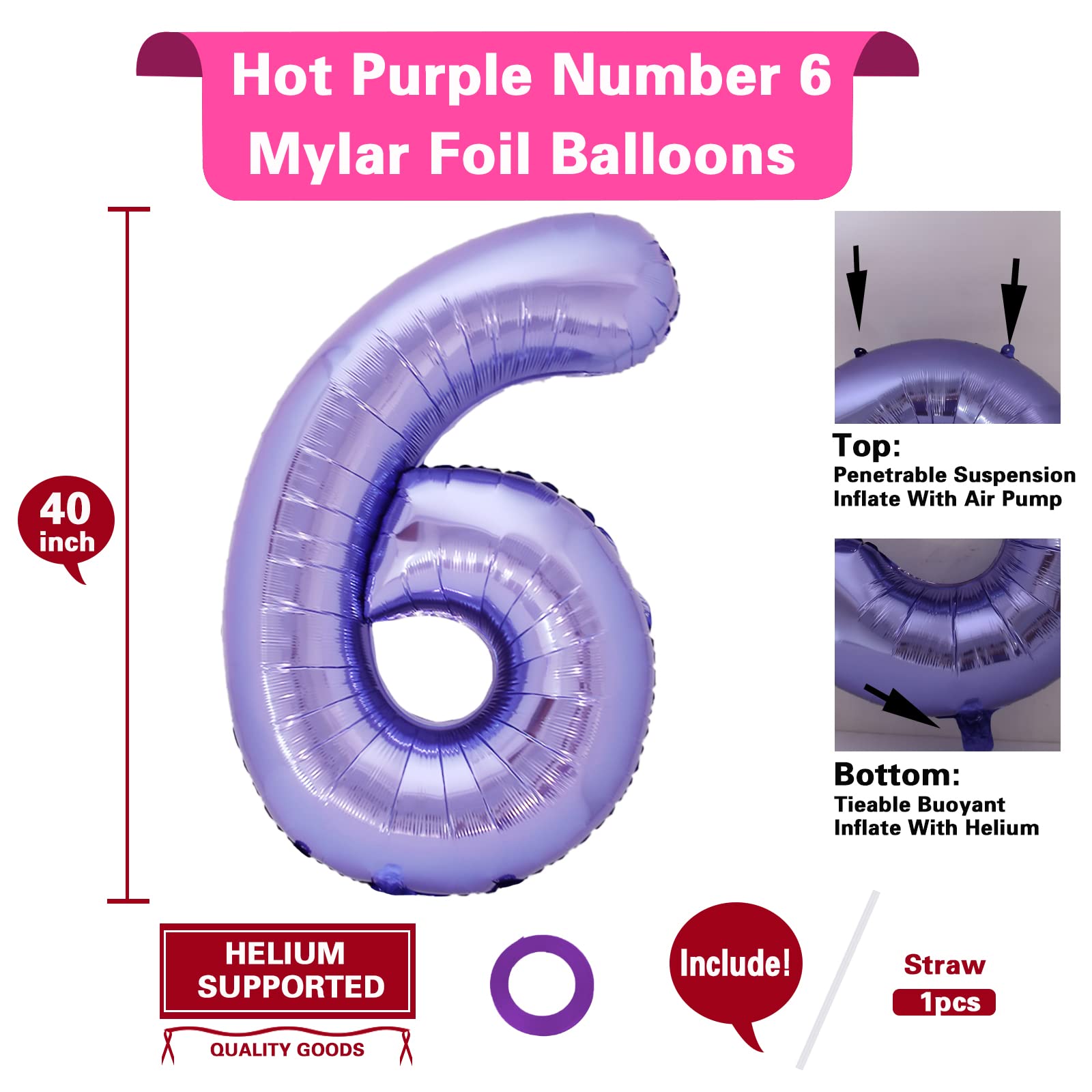 40 Inch Giant Purple Number 6 Balloon, Helium Mylar Foil Number Balloons for Birthday Party, 6th Birthday Decorations for Kids, Anniversary Party Decorations Supplies (Purple Number 6)