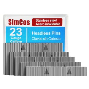 simcos 23 gauge stainless steel pin nails headless pinner nails (3/8",9/16",3/4",1",1-3/8") assorted 5 sizes for molding cabinetry building assembly (5000)