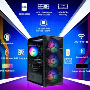 TJJ X3 Gaming Computer PC Desktop - Intel Core i3-12100F (Beat i7-8700), NVIDIA GTX 1660 Super 6GB, 16GB DDR4 3200, 500GB SSD, VR Ready, WiFi 6E, RGB Keyboard & Mouse & Speakers, Win 11 Pro