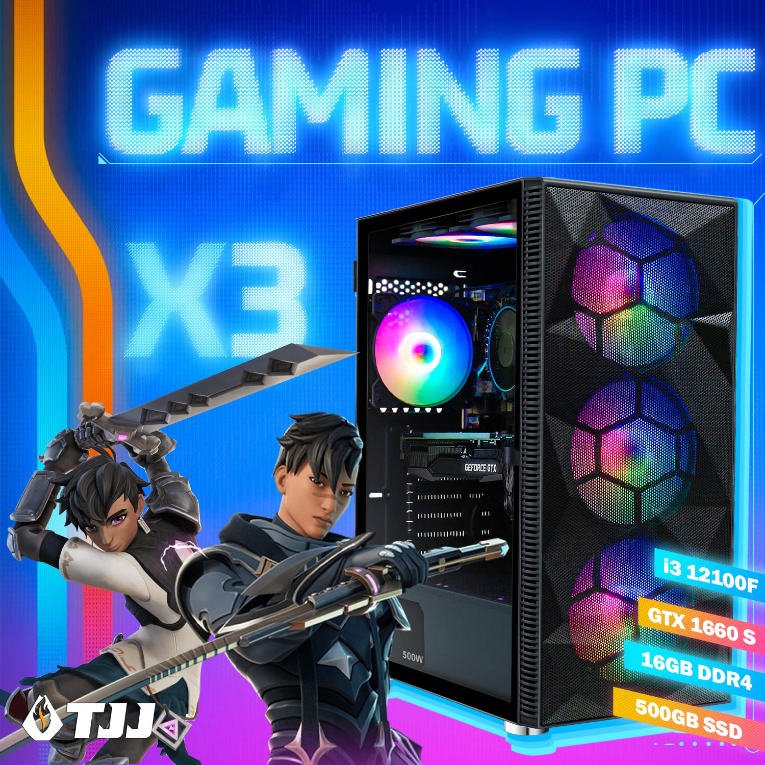 TJJ X3 Gaming Computer PC Desktop - Intel Core i3-12100F (Beat i7-8700), NVIDIA GTX 1660 Super 6GB, 16GB DDR4 3200, 500GB SSD, VR Ready, WiFi 6E, RGB Keyboard & Mouse & Speakers, Win 11 Pro