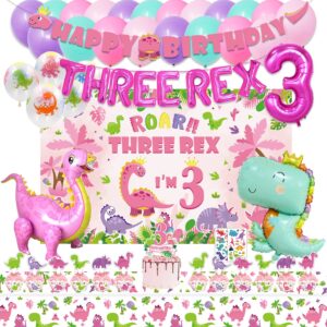 kotlmight dinosaur birthday party supplies for 3 year old girl, three rex pink dinosaur dino party decorations for girls baby - backdrop, banner, toppers, cupcakes wrappers, balloons and tablecloth